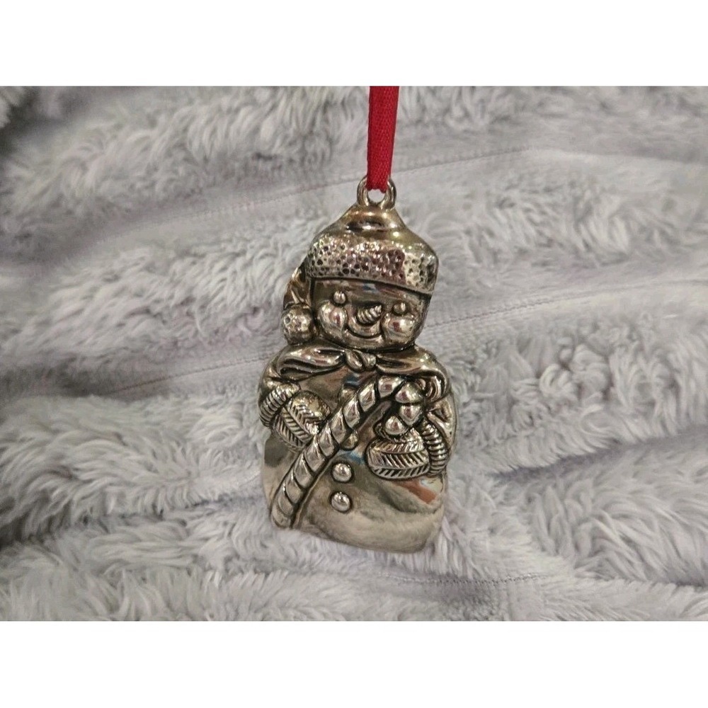 Vintage Gorham Snowman Ornament Holding Candy Cane Silver Plated With Red Ribbon